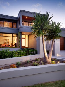 The front of a modern, minimalistic house with a huge two trunk Yuka plant in the front planter box