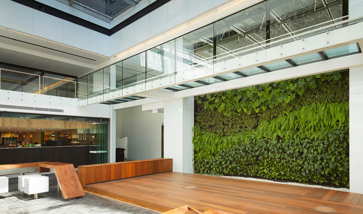 A spectacular public space with wood floor, steel and glass mezzanine walkway and a vertical garden with ferns and broadleaf plants in a wave pattern.